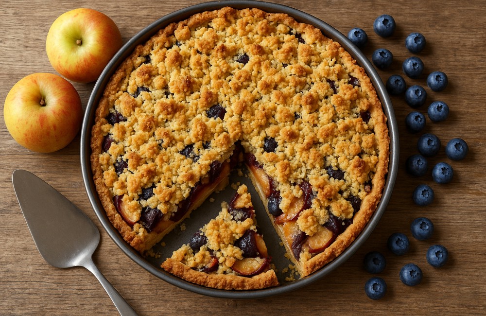 Appelkruimeltaart met blauwe bessen en pruimen